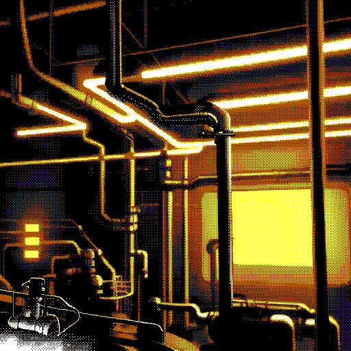 deeper and deeper into a labyrinth of hallways, pipes, and lights.... A mysterious room comes into view, but what could that strange device be? and those odd lights?
A small digital artwork, made with 4 colors.
#art #digitalart #pixelart