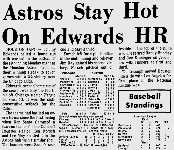 AstrosDaily's tweet photo. 4/24/1972: The #Astros' Johnny Edwards takes Ferguson Jenkins deep to stop the Cubs, 3-2, in eleven innings. Lee May and Ron Santo trade two-run shots in the first before Edwards breaks the tie. Jim Ray takes the victory. https://t.co/IXHxvFgZpu https://t.co/snRIqgdO2u
