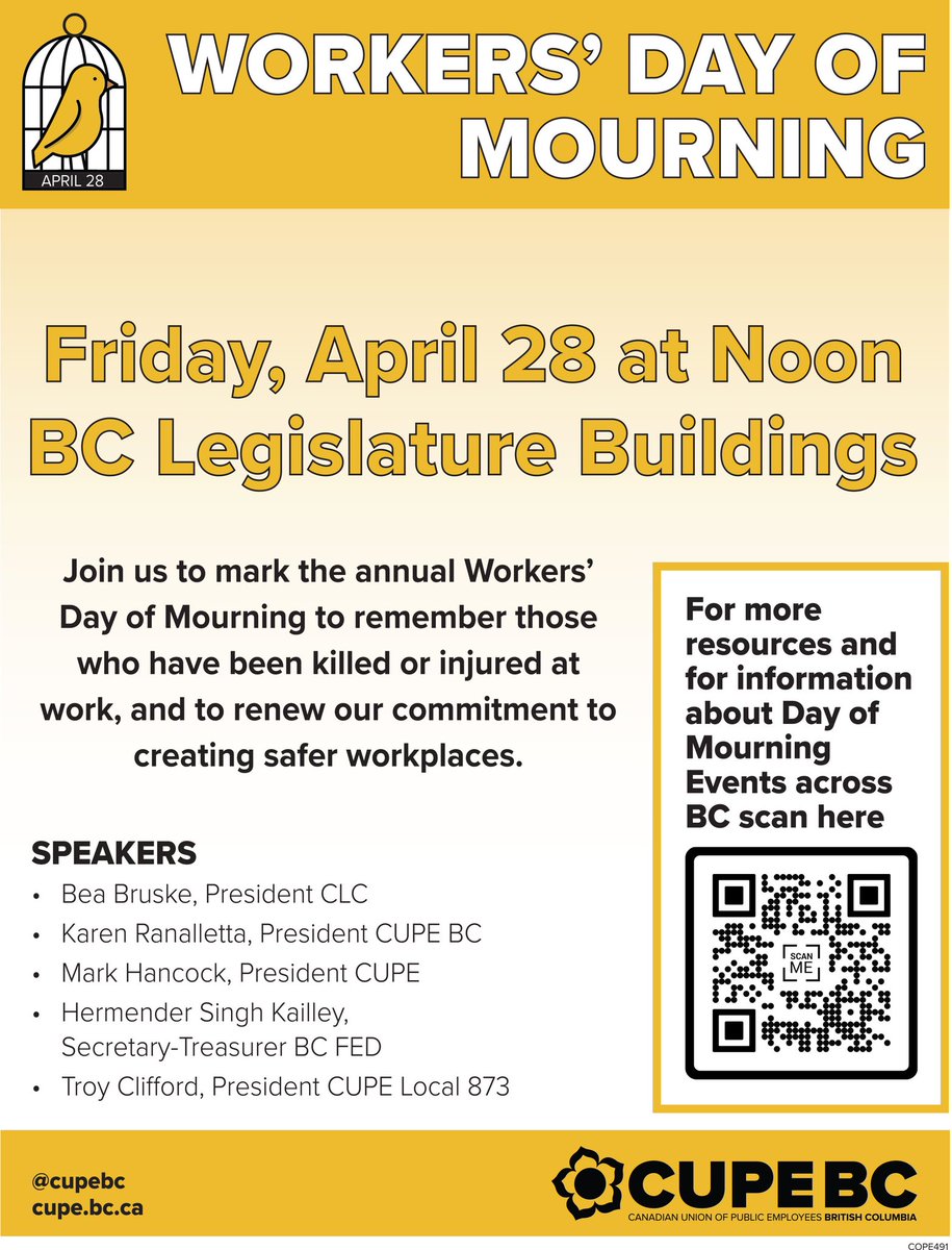 Please join <a href="/CUPEBC/">CUPE BC</a> on April 28,2023 at noon in front of the B.C. Legislature for the International Day of Mourning. An injury to one is an injury to all ✊#solidarity