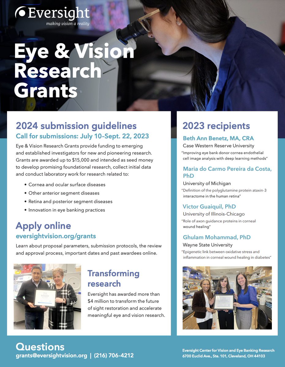EversightVision's tweet image. Our Eye &amp;amp; Vision Research Grants provide up to $15,000 for research, data collection &amp;amp; lab work in #cornea, #ocularsurface, #anteriorsegment, #retina/posterior segment &amp;amp; eye banking.

Apply July 10 at eversightvision.org/grants.

#ophthotwitter #visionresearch #ARVO2023 @ARVOinfo