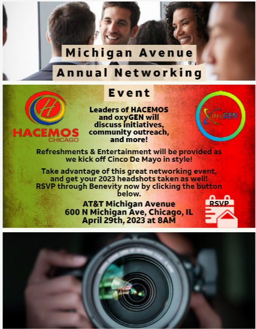 OxygenChicago's tweet photo. We are partnering with HACEMOS for the annual Michigan Avenue Networking Event.
Please join us to network, and hear about our initiatives, community outreach, and more!
RSVP Below :
https://t.co/hGcRRzGDAC https://t.co/Yo520fmwR4