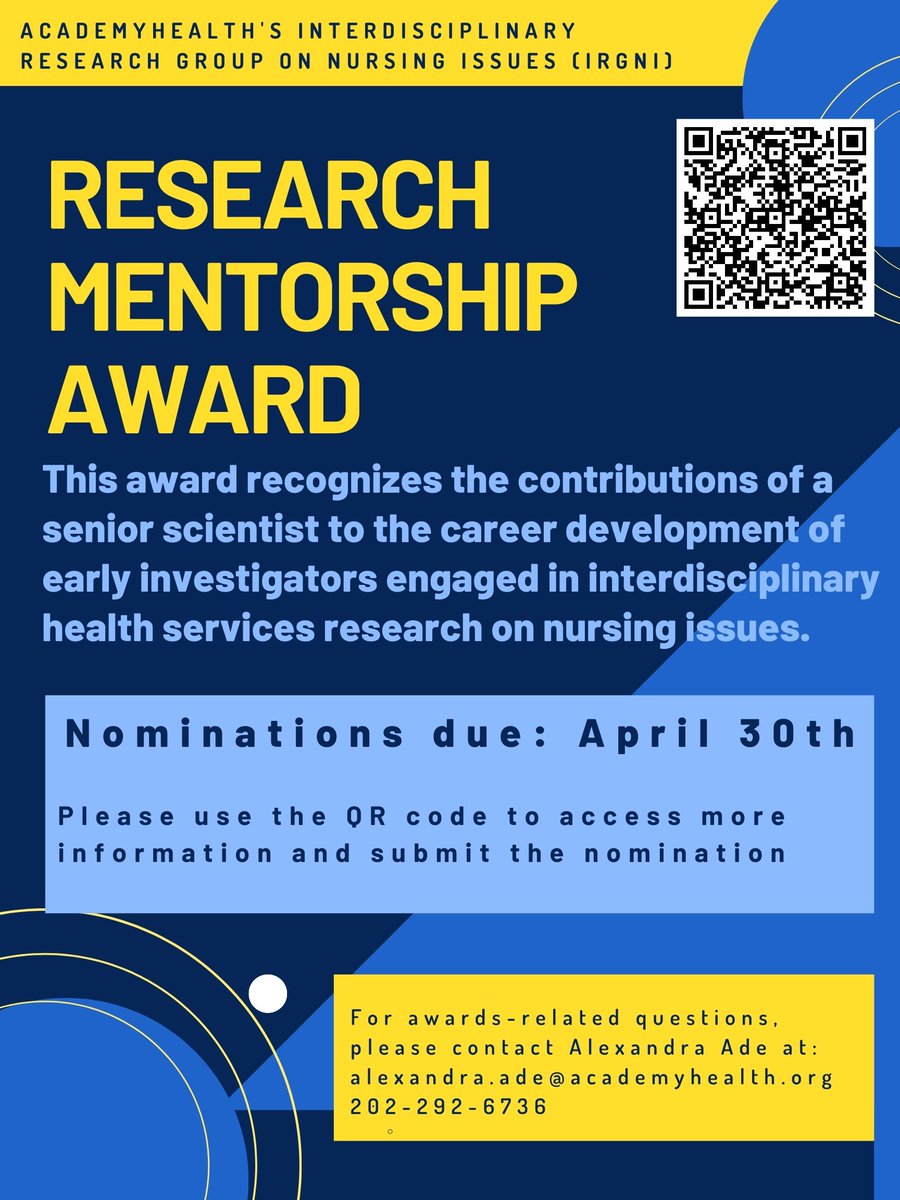 📢 Only a few more days to finish nominating an amazing mentor for an #AHIRGNI award 🏆 
#HSR #Nursing #research 
academyhealth.org/page/interdisc…