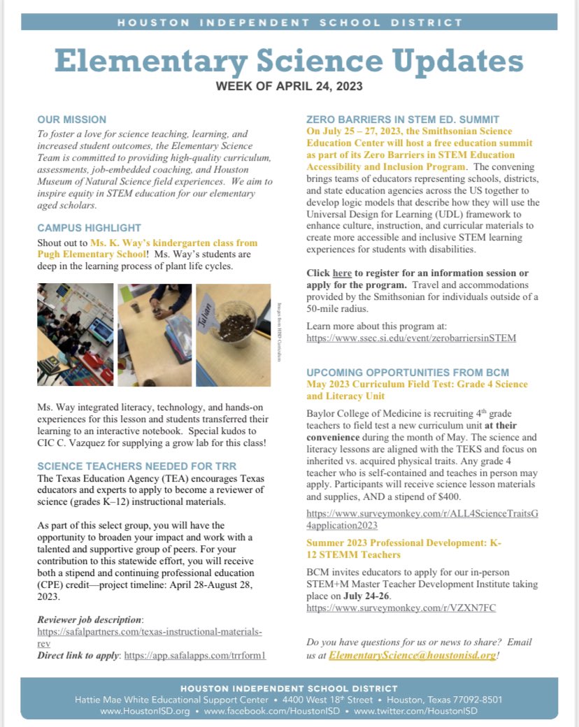 Shout out to <a href="/WayKendal/">Kendal Way</a> Featured in this week’s @HISD_ElemSci Campus Highlights! <a href="/PughRamsHISD/">Pugh Elementary</a> <a href="/MrsCMontoya/">Claudia Montoya-Barba</a> <a href="/TammieDaily9/">Tammie Daily</a>
