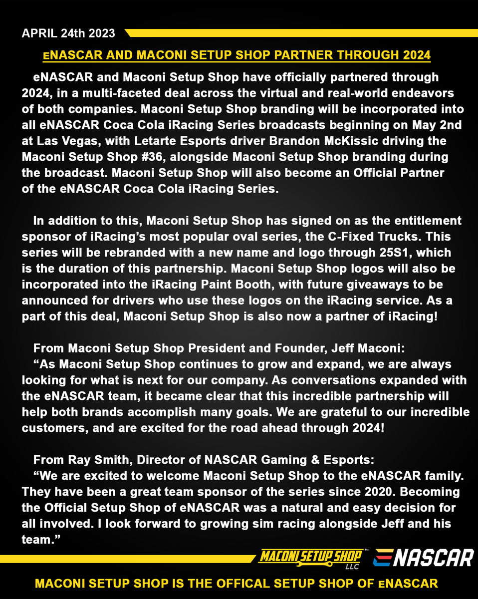 MaconiSetupShop's tweet photo. 🚨NEWS: Maconi Setup Shop and @eNASCARGG  partner through 2024!🚨

Notable aspects include:
•Maconi Setup Shop is the Official Setup Shop of eNASCAR
•Maconi Setup Shop becomes official title sponsor of most popular oval @iRacing series, C-Fixed Trucks
•Extends through 25S1
⬇️ https://t.co/99m4HiffUc