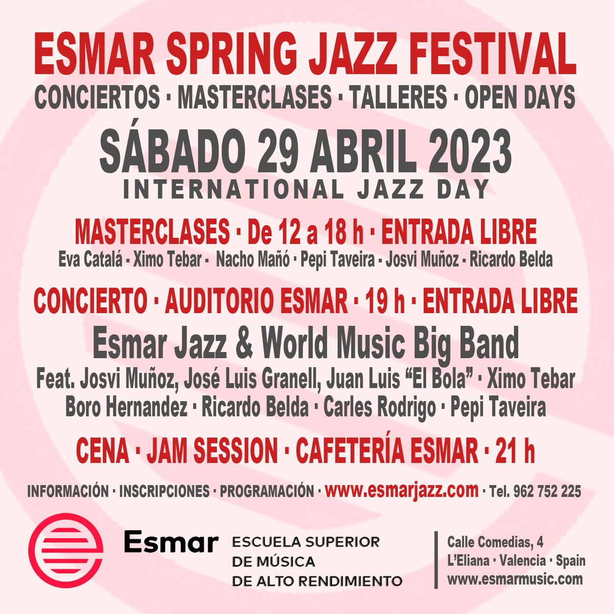 esmar_jazz's tweet photo. El próximo sábado 29 abril ESMAR será jazz desde la mañana hasta la noche. Ven a celebrar con nosotros el Día Internacional del Jazz. No te lo pierdas! Info: https://t.co/krevmQpEVl https://t.co/iIVXlH9Bbg