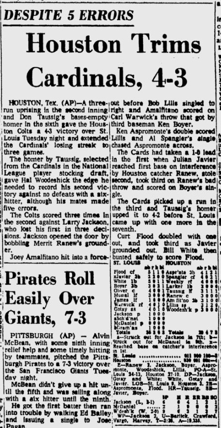 AstrosDaily's tweet photo. 4/24/1962: Colt .45s host St. Louis for the first time and defeat them, 4-3. The Houston Buffs were a farm club of the Cardinals for 40 years before the city joined the NL. Don Taussig's homer off Larry Jackson in the 6th inning is the game-winner. https://t.co/IXHxvFgrzW #Astros https://t.co/Mg0f4z32Gw