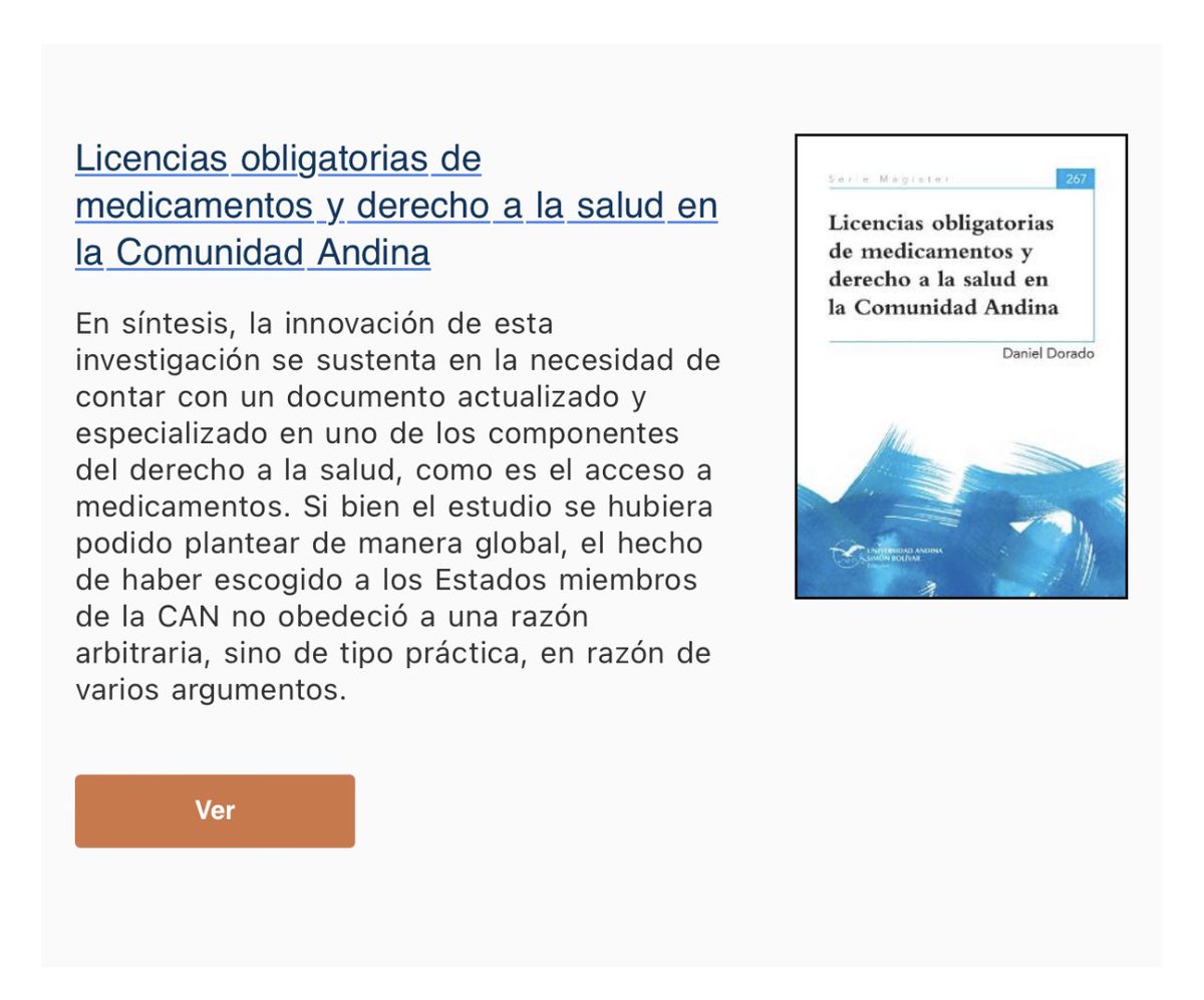danieldorado05's tweet photo. Gracias a la Biblioteca @CorteIDH / Boletín Actualidad Literaria DerHum por haber incluido dentro de sus novedades mi libro “Licencias Obligatorias de medicamentos y derecho a la salud en la  Comunidad Andina”. Espero sume al estudio temática en la región: https://t.co/WCUojfz3Ls https://t.co/dvrYSW5xHu