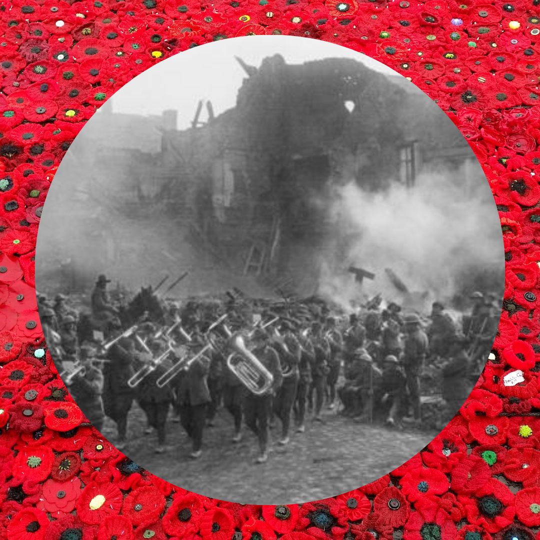 AHE pays our respects to the musicians of ANZAC.
Shown here are the 5th Infantry Brigade Band marching through the town square of Bapaume on 19 March 1917.

📷 <a href="/AWMemorial/">Aust War Memorial</a> 
#anzac #anzacday #anzacs