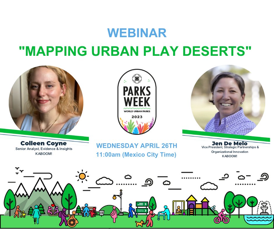 WUParks's tweet photo. Parksweek is here!🌳
 
We bring you this webinar, listen to the gaming experts from KABOOM! on the Prioritization Index of Inequity in Gaming Spaces (PIPI), a new methodology to estimate inequality in gaming spaces.🛝

📆 April 26 at 11am Mexico time.
📱: https://t.co/8M2dtHrE7B https://t.co/r5YrZKDu9e