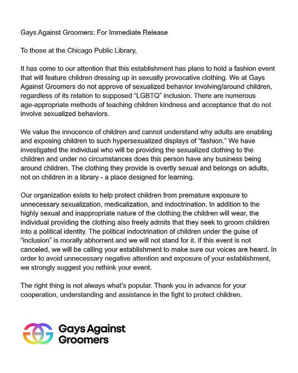 BREAKING: The Chicago Public Library has hired a “non-binary Filipinx disabled queer” person to sexually groom children.

Below, you will see the cease and desist letter we have drafted. <a href="/chipublib/">Chicago Public Library</a> cancel the event. Now. If not, we will see you in person. Soon.