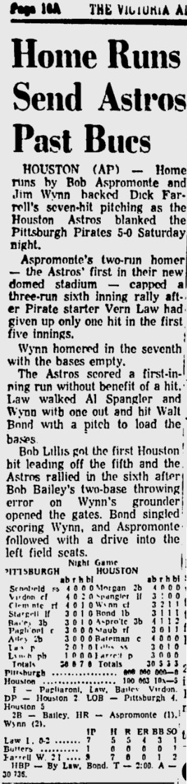 AstrosDaily's tweet photo. 4/24/1965: Bob Aspromonte is the first to set off the #Astrodome's home run display during a 5-0 shutout of the Pirates. Vern Law is the victim. Jim Wynn adds another blast two innings later to delight the crowd. Dick Farrell scatters seven hits. https://t.co/IXHxvFgZpu #Astros https://t.co/zqpbxCELUU