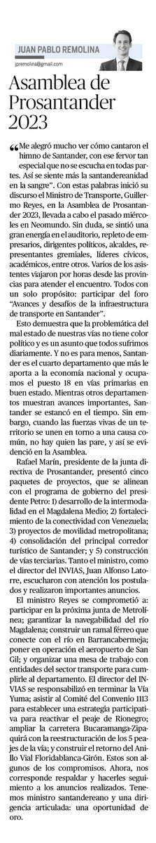 pro_santander's tweet photo. En la Asamblea General de #Prosantander 2023, se destacaron avances y desafíos en infraestructura de transporte. En su columna para @vanguardiacom, @Jp_Remolina menciona los principales compromisos para el desarrollo vial.
Lee la columna completa, aquí👉https://t.co/OzBsYvVlQm https://t.co/CAFvfNdFBG
