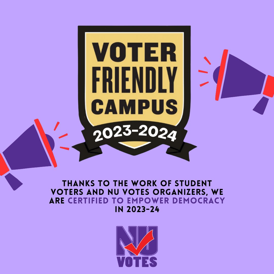 nuvotes's tweet photo. NU was named a Voter Friendly Campus again this year by Fair Election Center's Campus Vote Project and NASPA (student affairs administrators in higher education).  Thank you and congrats to our NU Votes Staff, Ambassadors, Advisory Board, and voter community! https://t.co/fill3AuRXh