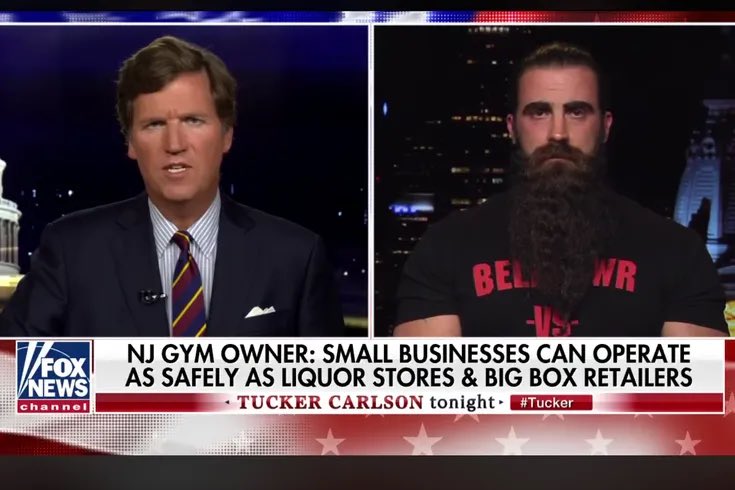 iansmithfitness's tweet image. When I opened my gym against lockdowns, @TuckerCarlson was the first major journo to cover the story. His coverage gave us the social firepower to withstand millions in fines, arrest, and all that @GovMurphy threw  at us. Not once, but 12 times. Tucker changed my life. Thank you.