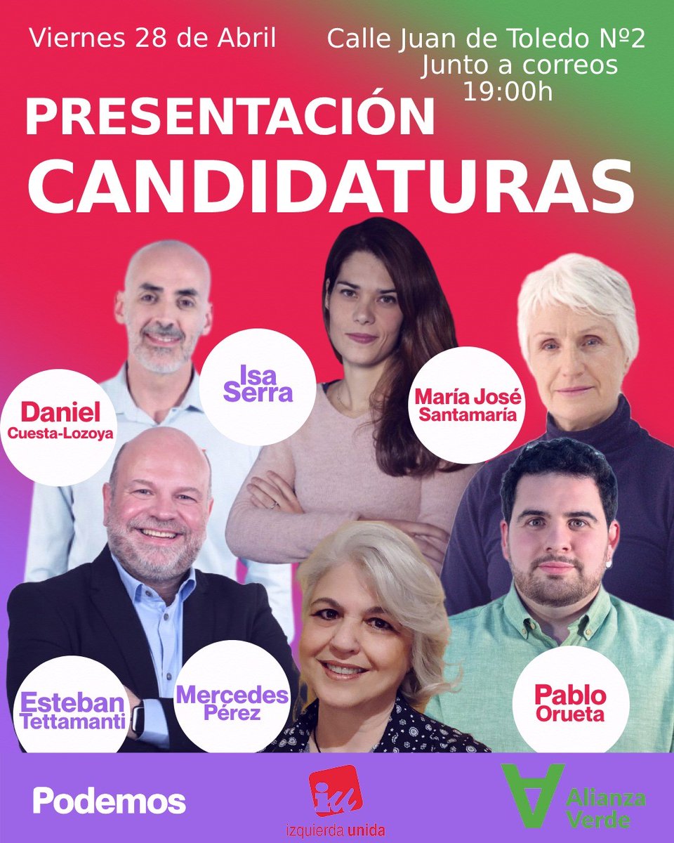 CP_El_Escorial's tweet photo. Este viernes 28 de abril, a las 19:00 horas, y acompañados de Isa Serra y Daniel Cuesta-Lozoya, haremos la presentación conjunta de nuestra candidatura y la de San Lorenzo.
Estáis tod@s invitad@s 
📍El lugar, en nuestra sede, al lado de Correos.
💜❤️💚 https://t.co/V7BKmQn8hq