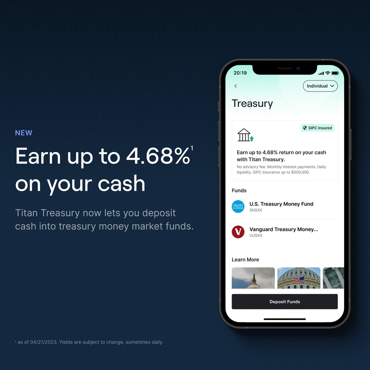 Introducing Titan Treasury - earn up to 4.68%

On Titan, you can now invest in treasury money market funds.

titan.com/strategies/tre…
