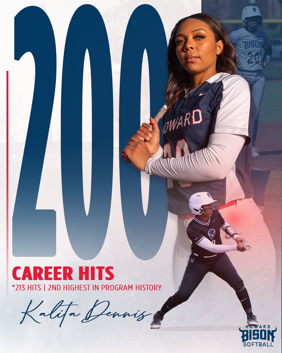 🥎 | It's been a BIG two weeks for <a href="/HUBisonSoftball/">Howard Bison Softball</a> standout Kalita Dennis! The grad student joined the 200 hit club moving to 2nd most hits in program history with 213 career hits!
#BleedBlue