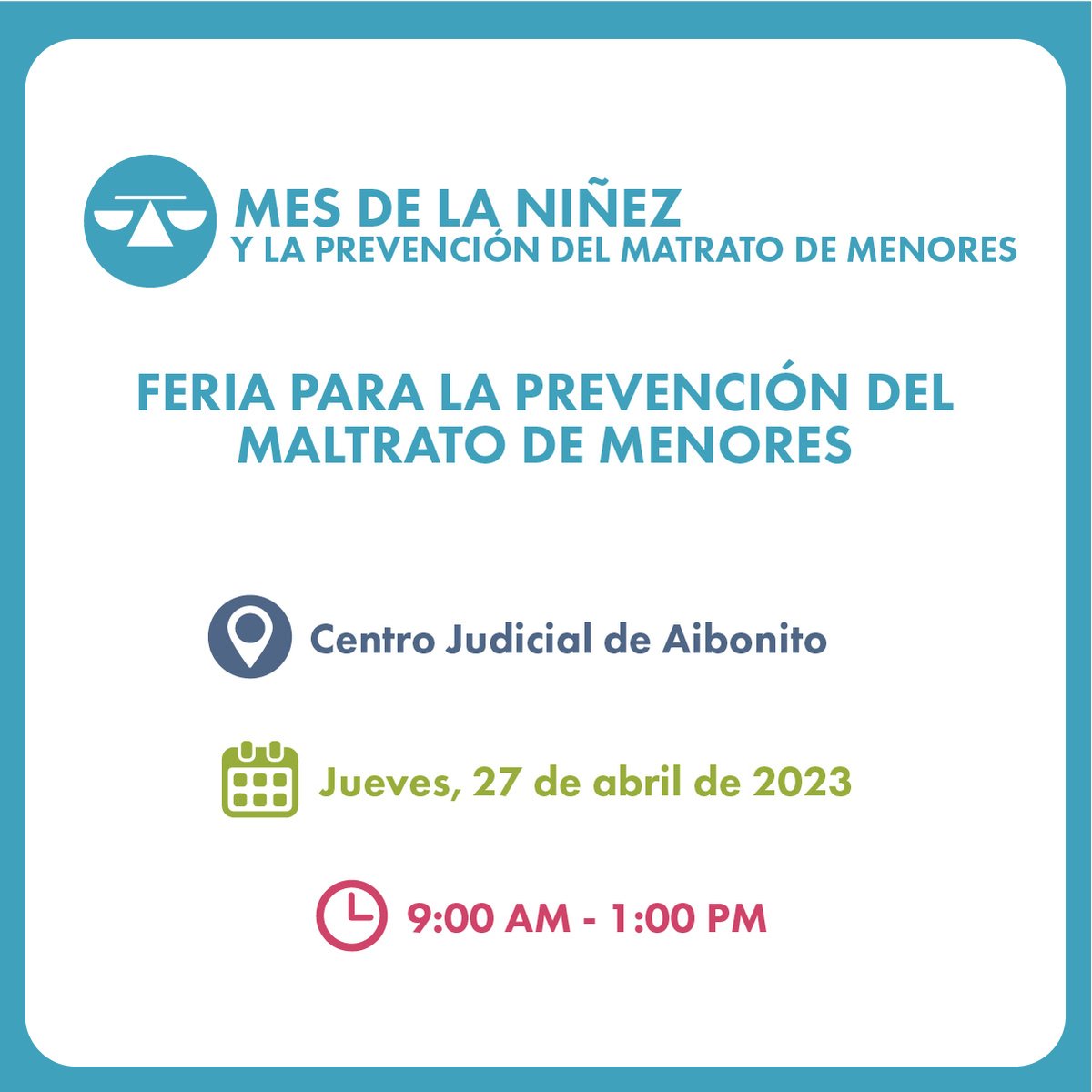 poderjudicialpr's tweet photo. Conoce los servicios y herramientas disponibles en la Región Judicial de Aibonito para la atención de menores víctimas de maltrato. Visita el centro judicial durante la Feria para la Prevención del Maltrato de Menores el próximo jueves, 27 de abril. https://t.co/huFSRdjNnC