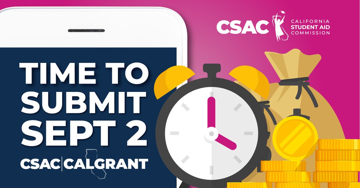 castudentaid's tweet photo. Calling All @CalCommColleges Students attending school in the fall. Your Cal Grant Deadline is 9/2!

Apply via the #FAFSA or #CADreamAct Application (CADAA) by September 2nd to see if you can qualify for a Cal Grant to pay for school.

Get started today at https://t.co/C2dN28SS5m https://t.co/1THwMU61VE