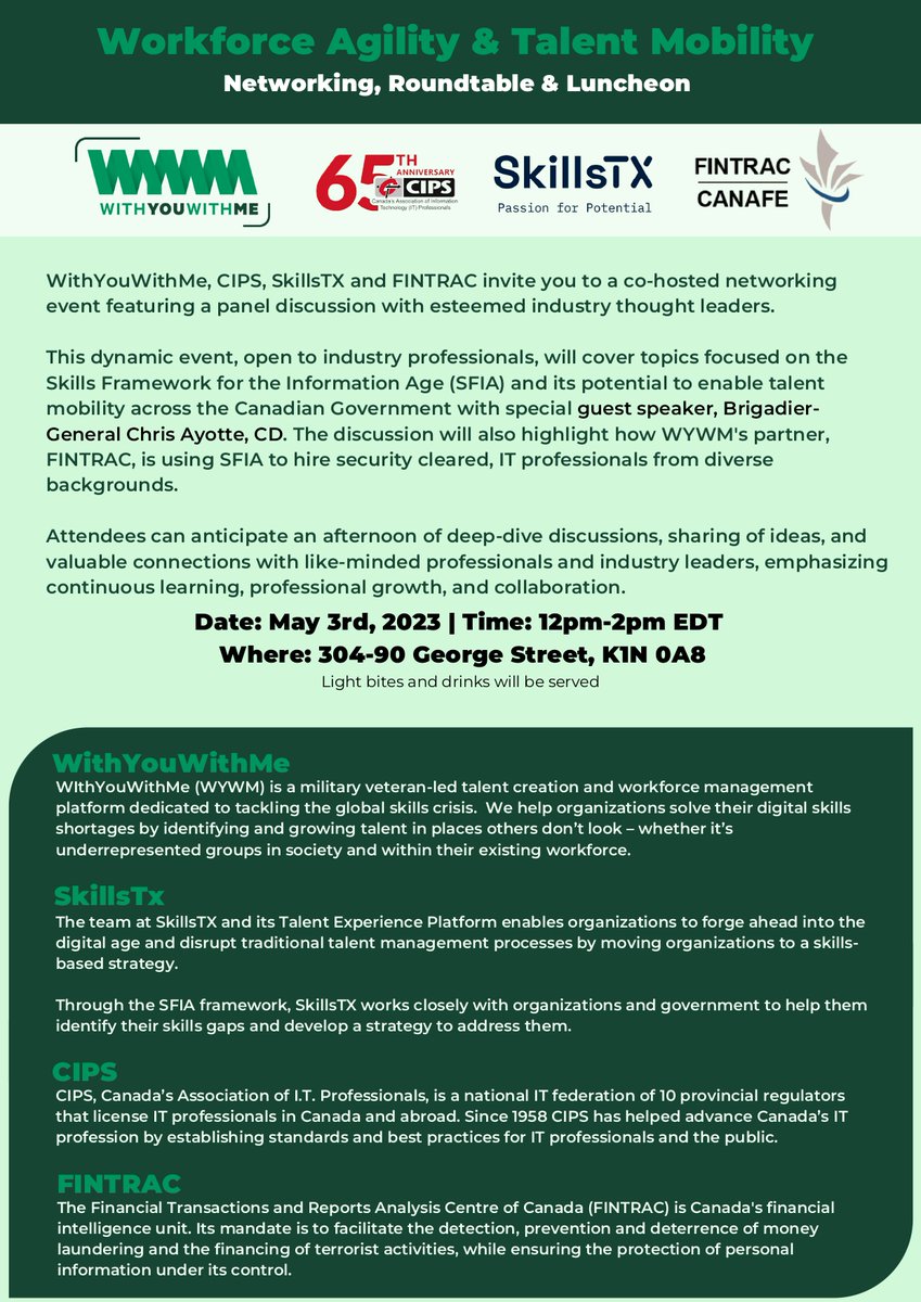 spac_cscan's tweet photo. Join esteemed industry thought leaders at the networking event co-hosted by WithYouWithMe, CIPS, SkillsTX, and FINTRAC on May 3rd, 2023. See you at 304-90 George Street, K1N 0A8 from 12pm-2pm EDT! https://t.co/NtTZjyE4Fk