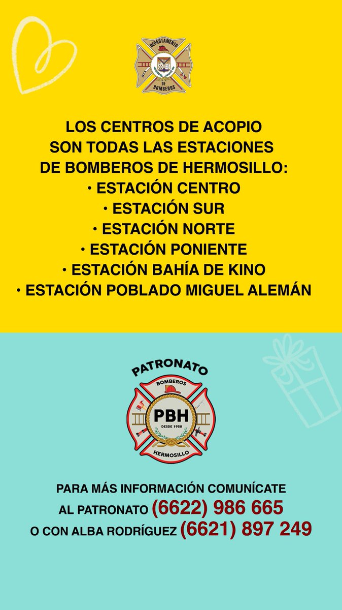 Les hacemos extensiva la invitación a todas las personas para que participen y apoyen la CAMPAÑA DE DONACIÓN DE JUGUETES que estamos organizando.

Agradecemos mucho su apoyo.
¡COMPARTE!

<a href="/BomberosHermos1/">BomberosHermosillo</a>