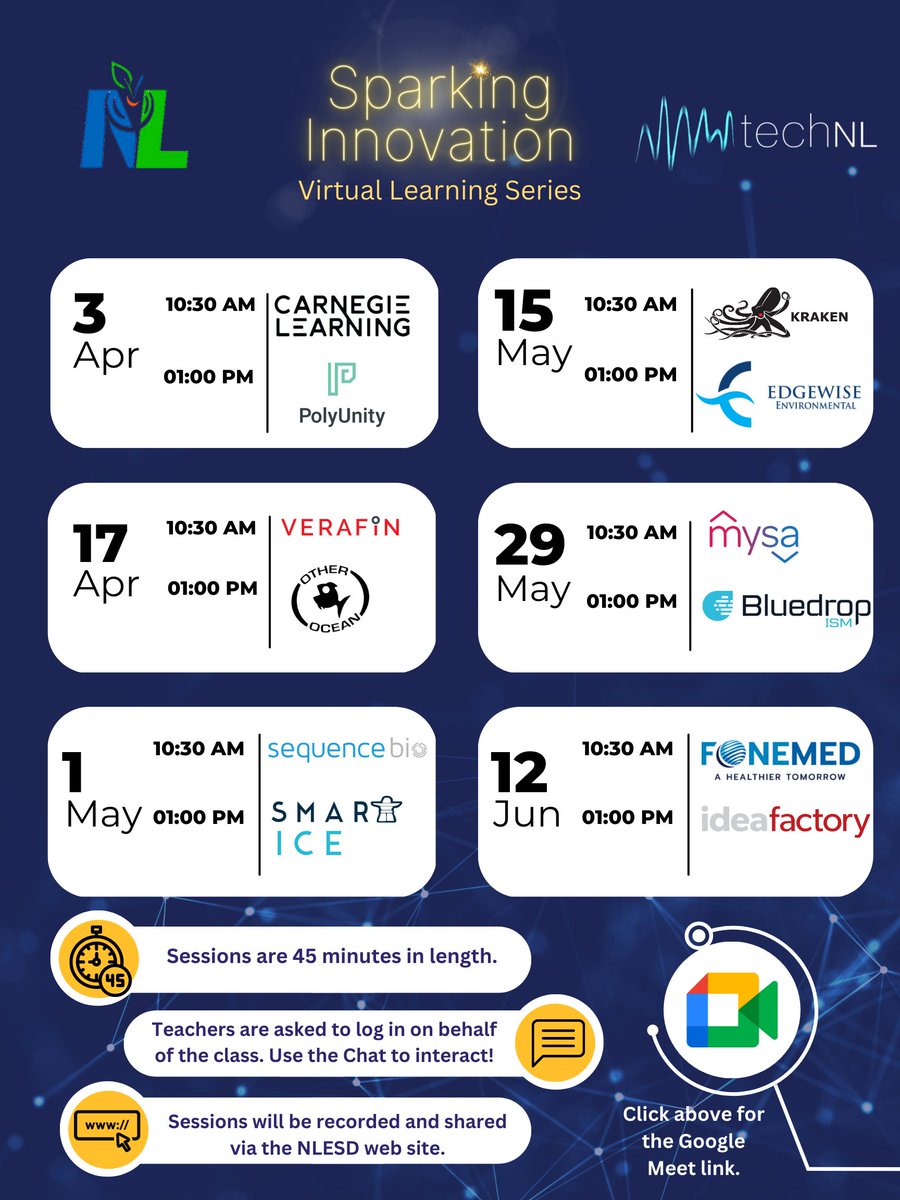 The NLESD and @TechNL’s next Sparking Innovation Virtual Learning Series sessions are on Monday, May 1, featuring @SequenceBio and @SmartICE_Arctic. Educators, please reach out to your administrators for links to the 45 min sessions.