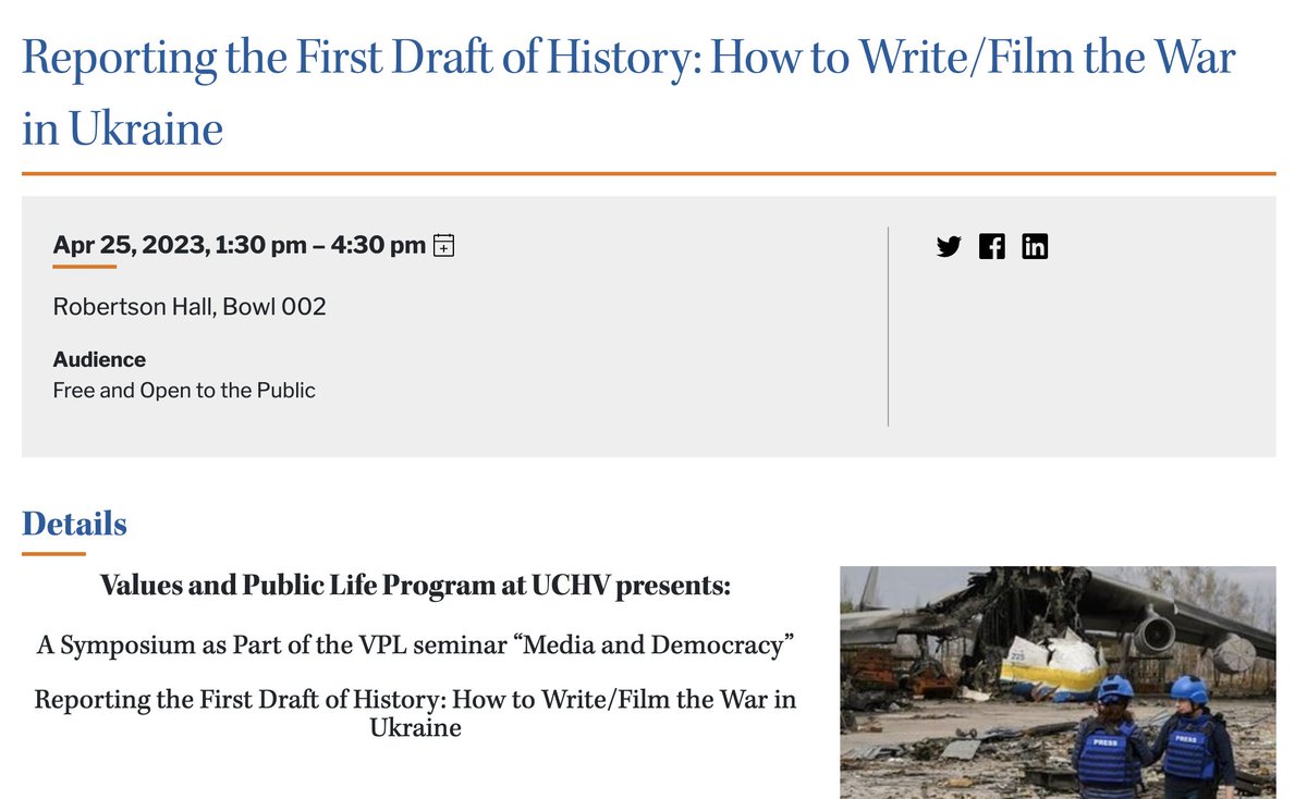 It is an honor for me to speak tomorrow at
<a href="/Princeton/">Princeton University</a> at the symposium "Reporting the First Draft of History: How to Write/Film the Ukraine War." Thank you for the invitation, Prof. Jan-Werner Müller.
uchv.princeton.edu/events/reporti…