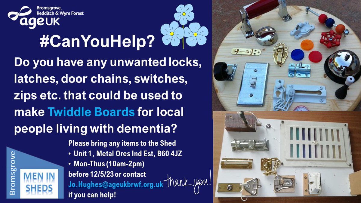 AgeUK_BRWF's tweet image. #CanYouHelp👇? 
On 12/5 #BromsgroveMenInSheds will be linking up with the team from @ormerodrutter to make #TwiddleBoards which can be given to local people living with dementia as part of #DementiaActionWeek
#WorcestershireHour
