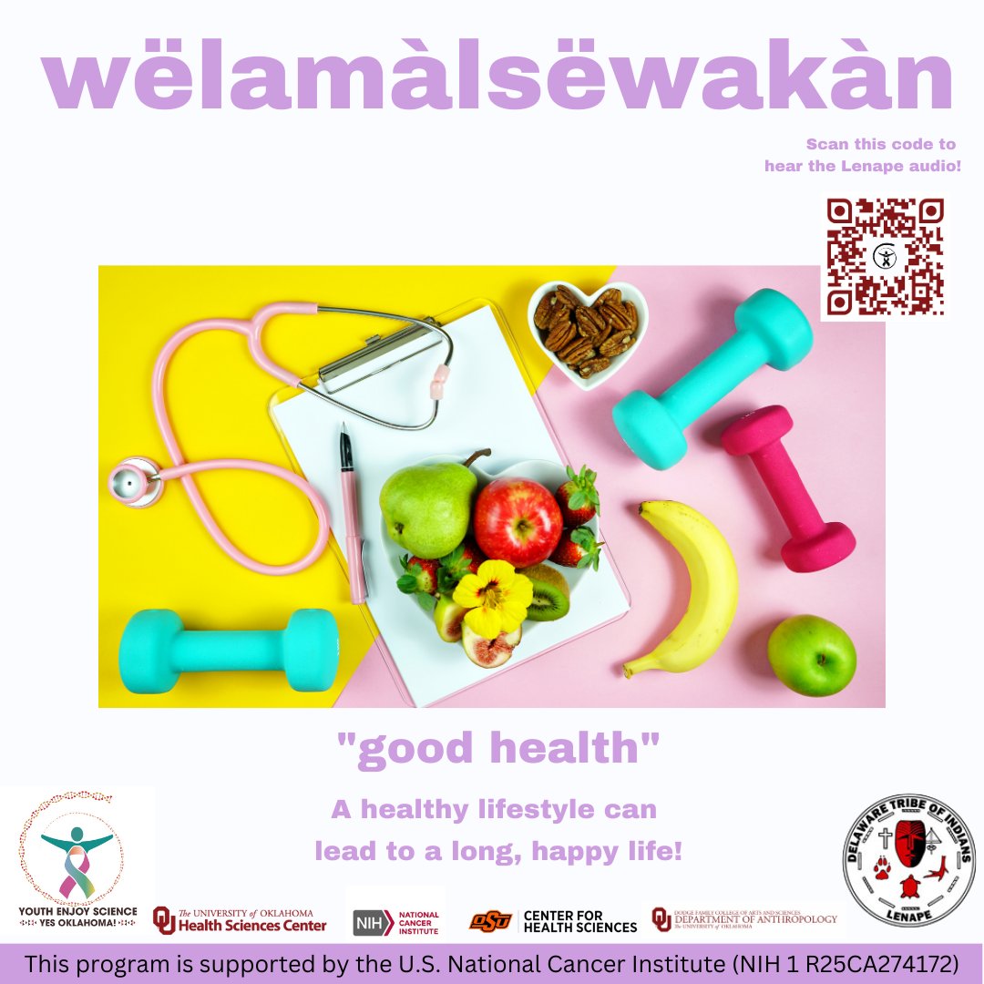YES Oklahoma (Youth Enjoy Science) (@yes_oklahoma) on Twitter photo Eating right, staying active, following recommended screening guidelines, and not smoking are important parts of a healthy lifestyle that can help reduce your risk of cancer! Scan the QR code or follow this link to hear the #Lenape audio for "good health". on.soundcloud.com/GwLAr Eating right, staying active, following recommended screening guidelines, and not smoking are important parts of a healthy lifestyle that can help reduce your risk of cancer! Scan the QR code or follow this link to hear the #Lenape audio for "good health". on.soundcloud.com/GwLAr