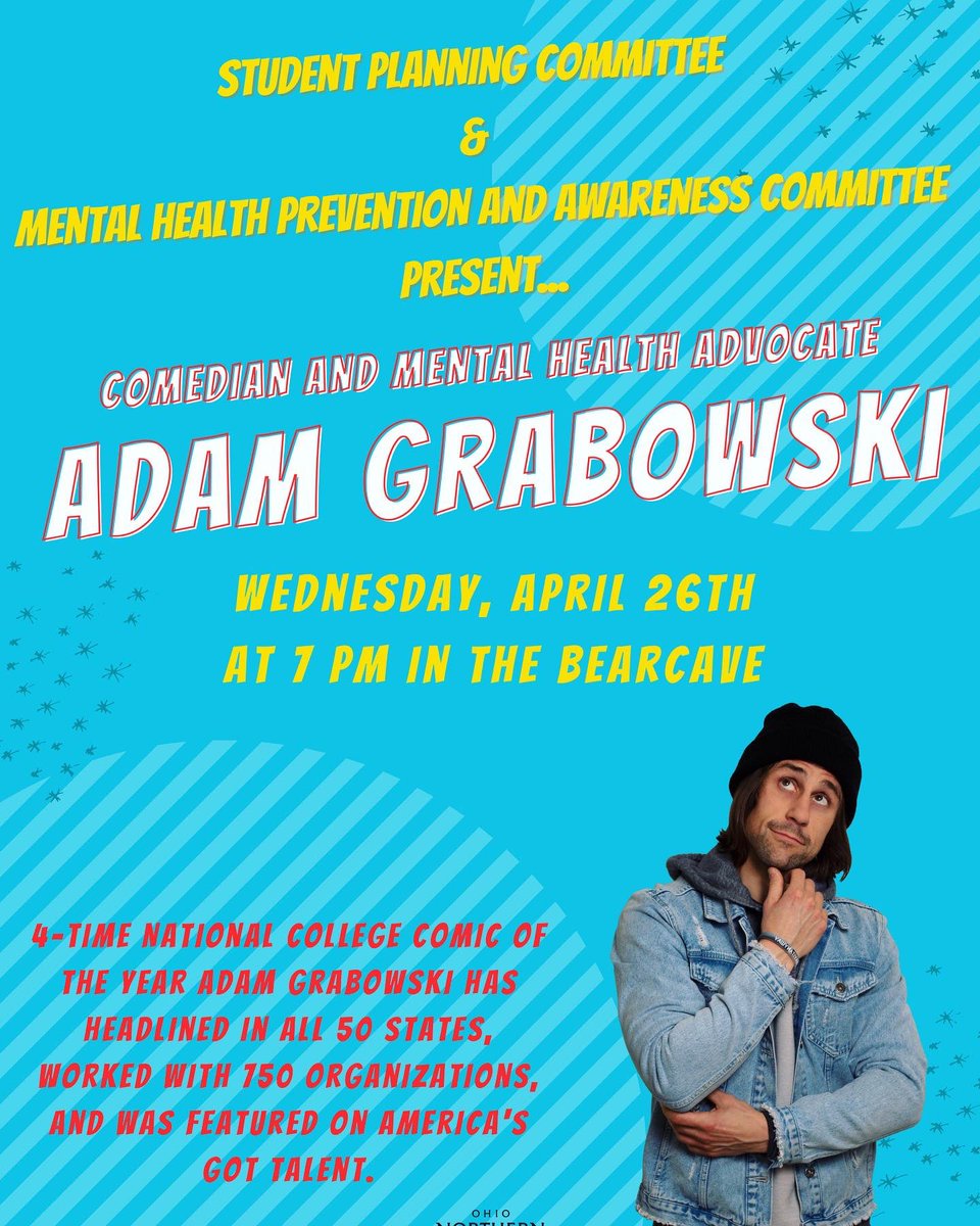 ONUSPC's tweet photo. It’s Mental Health Week! Come take a break with us, Mental Health Prevention and Awareness Committee and Comedian, Adam Grabowski! Adam is not only a Comedian but a Mental Health Advocate and started the #sayitanyway campaign. Take a study break for Adam to show off his comedy! https://t.co/iWZgnm4LyH