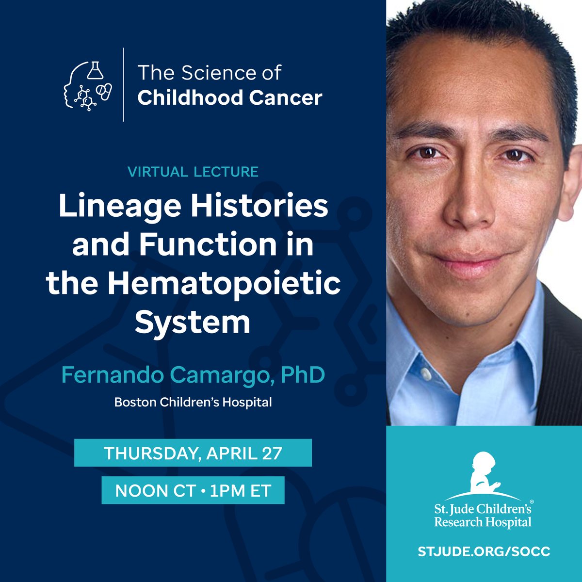 Don’t miss our next The Science of Childhood Cancer lecture, “Lineage Histories and Function in the Hematopoietic System,” presented by @FD_Camargo of @BCHStemCell Thursday, April 27, at noon CT/1 pm ET. Register today. bit.ly/SOCC23-TWORG #SOCC23