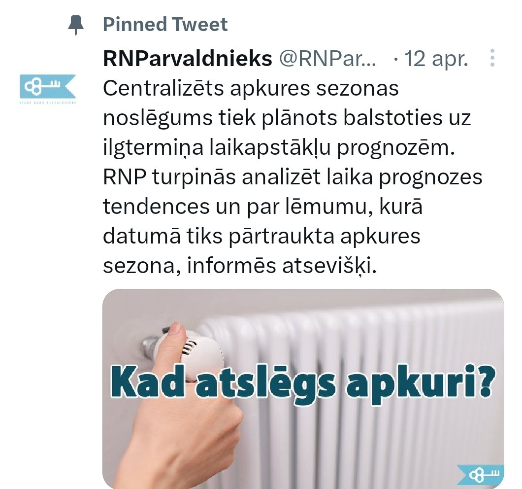 MeijersR's tweet photo. @RNParvaldnieks Jūs vispār laikapstākļu prognozēm sekat līdzi, kā paši rakstāt? Visur raksta, ka tūlīt sāksies aukstuma periods, kas ilgs līdz maija sākumam, un uz šīs prognozes pamata jūs atslēgsiet apkuri??? https://t.co/Is2Mkakb1e