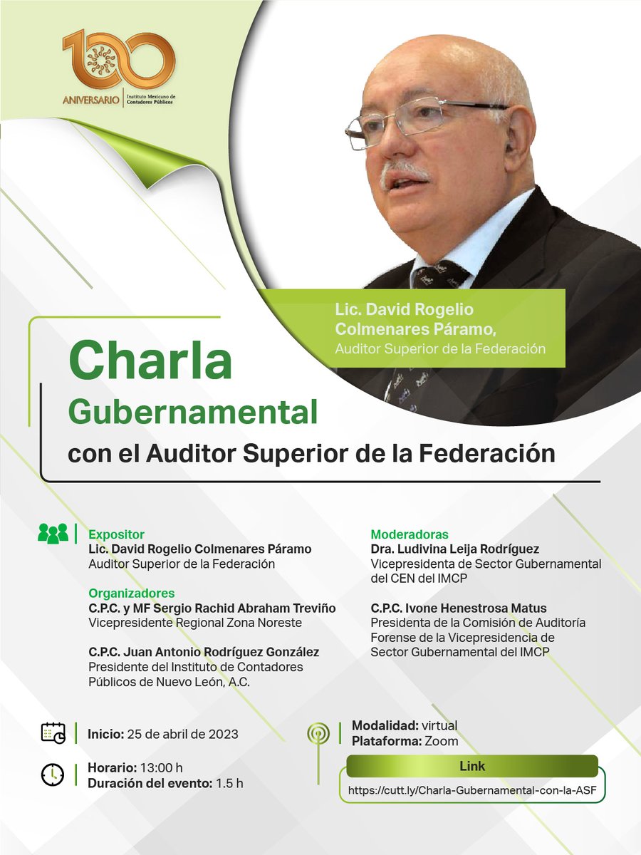 Por este medio hacemos una atenta invitación a este evento con el Lic. David Rogelio Colmenaes Páramo, Auditor Superior de la Federación.

🗓 Fecha: Martes 25 de abril de 2023
⏰Hora: 13:00 horas (hora del Centro de México)
💻Liga de acceso directo: cutt.ly/Charla-Guberna…
