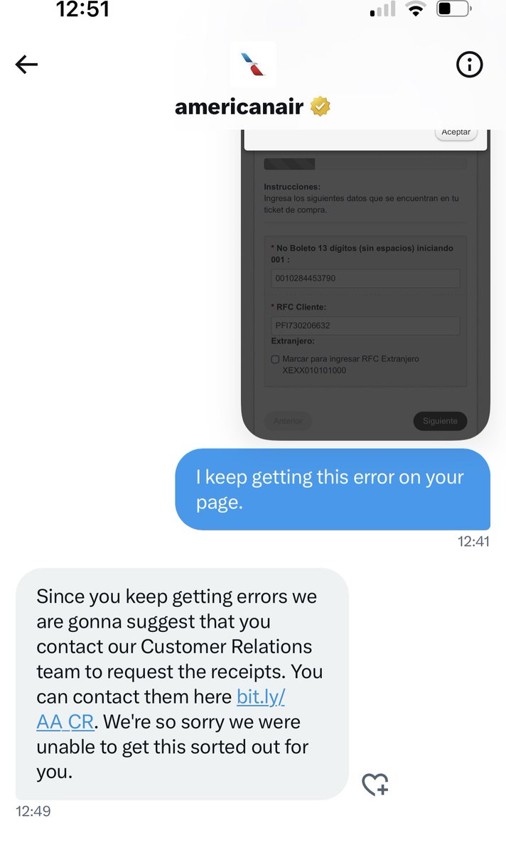 EvaIvonGomez's tweet photo. @AmericanAir @SATMX I didn't have any solution from the airline, they only answer me to go to another section but I need to get the invoice urgently. https://t.co/WkAn9vNJZH