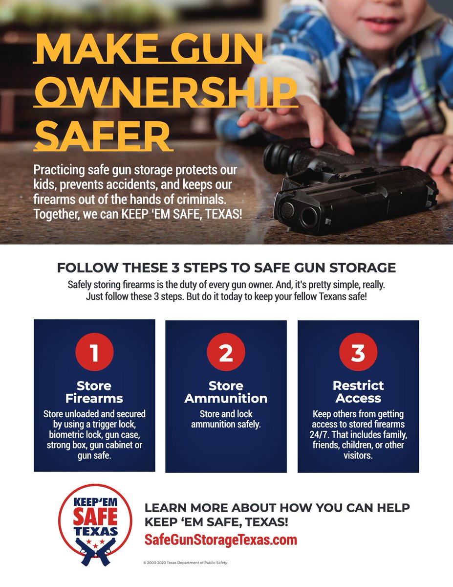 CLEAT's tweet image. A reminder to practice safe gun storage to keep children and other fellow Texans safe! 🙏 Help spread the word by sharing this image or visit safegunstoragetexas.com for tips and resources. #safegunstoragetexas #keepemsafetexas