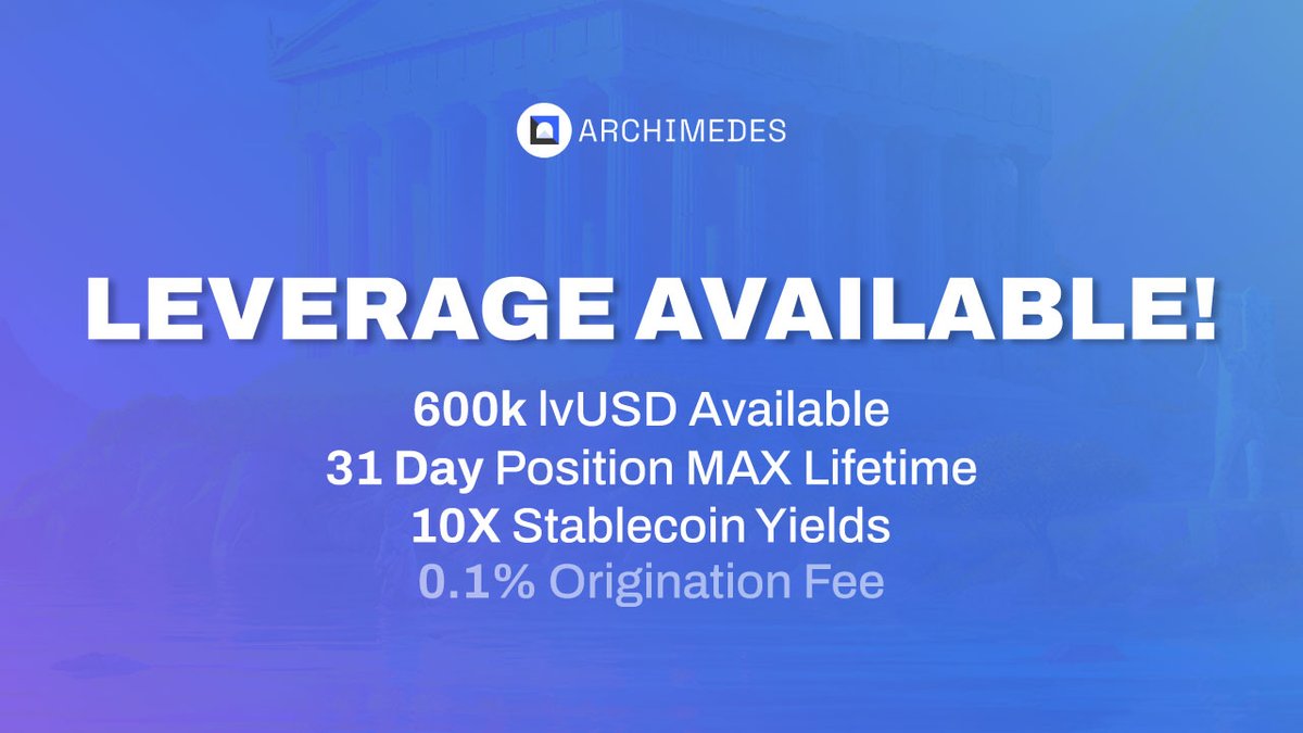 A new ⚖️ Leverage Round is now live!

✅600K lvUSD available to borrow!
✅Earn 10x boosted $OUSD yields!

Bid for available lvUSD via $ARCH token fee (auction) 👇

🏛️Auction Info (per 1 ARCH):
🏁Start - 30K lvUSD
🛑Floor Price - 80K lvUSD (in 72h)

⏳Position Expires - 31 days