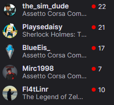 - Twitch - 

Abendunterhaltung gesucht? Schaut rein - unsere Jungs und Mädels sind live!

🌼 twitch.tv/playsedaisy
👴twitch.tv/fl4tlinr

🏁twitch.tv/the_sim_dude
🏁twitch.tv/blueeis_
🏁twitch.tv/mirc1998