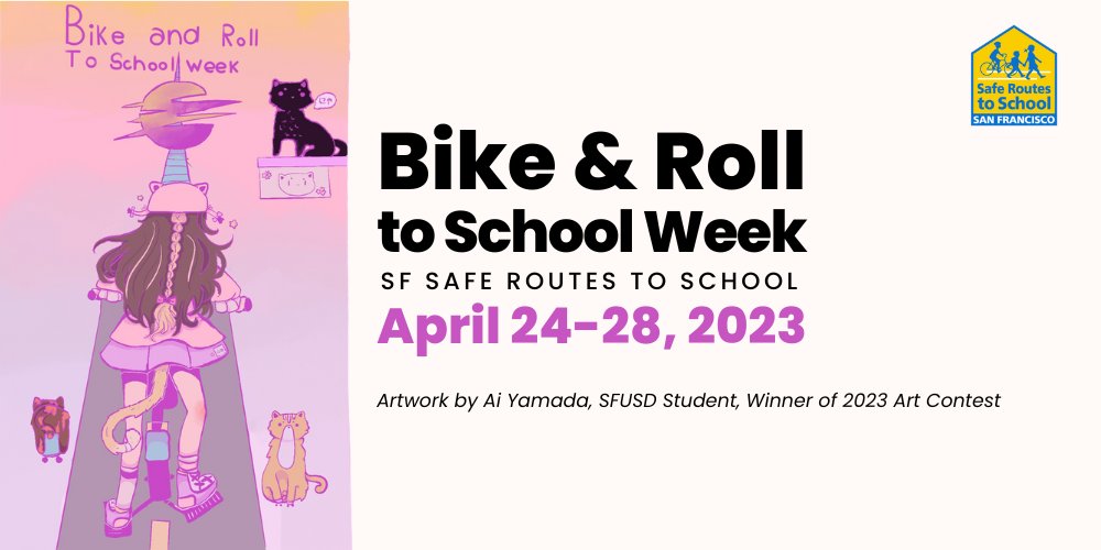 Bike and Roll to School Week is here! Students and families are encouraged to bike, walk, or use other means to get to school on their own power this week.  I'll be biking with my 1st and 4th grader tomorrow!!

@sfbike #bikeandrollsf #sfsaferoutes sfusd.edu/announcements/…