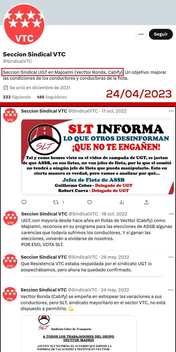 EnLuchaVTC's tweet photo. 🤦🏻 A ver cómo se explica esto. 

La cuenta de @SindicalVTC hasta hace unos meses funcionaba bajo las siglas del "sindicato" SLT, pero de un tiempo a esta parte la cuenta la lleva la sección sindical de #UGT (ver la contradicción en la imagen adjunta). 

¿Cedida? ¿pirateada? 🤔 https://t.co/O6Co7kNeDD