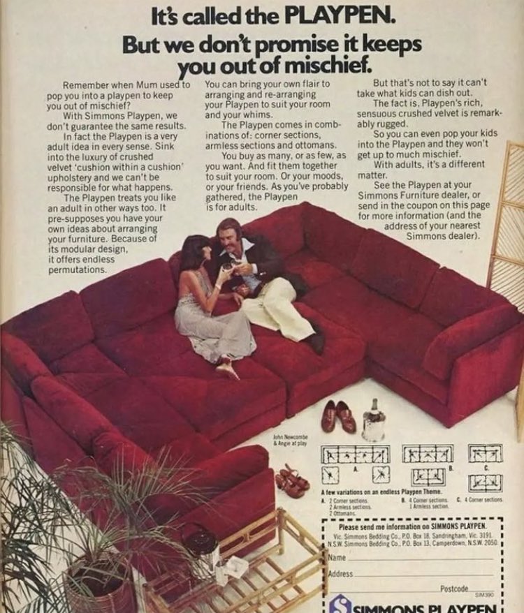 HistoryInPics's tweet photo. Extra large playpen sofas of the ‘70s. Shall we bring this back? Drop a comment 👇 https://t.co/ySlQskVY2k