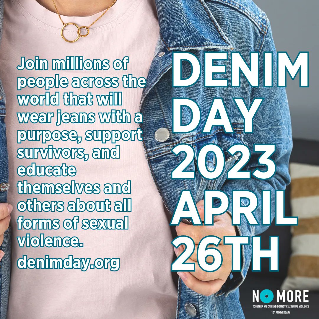 NOMOREorg's tweet photo. Denim Day is happening this Wednesday, April 26th! To participate, all you have to do is wear denim and share a photo on social media using the hashtag #DenimDay. By doing so, you're helping raise awareness and showing your support for survivors.
#DenimDay! 💙  #SAAM #morenomore https://t.co/RfbOzPlE8V