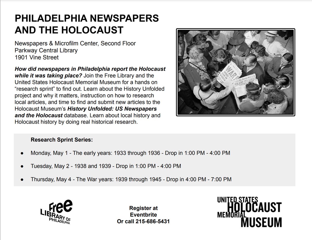 Eric_USHMM's tweet photo. Philadelphians! The @HolocaustMuseum and @FreeLibrary need your help! Join us for in-person research sprints to learn how local newspapers reported on the Holocaust. 
May 1 - https://t.co/ixecwKnRtF
May 2 - https://t.co/OUxhIp8ITH
May 4 - https://t.co/hz8FUVfZzW https://t.co/vsSk6g6Nm1