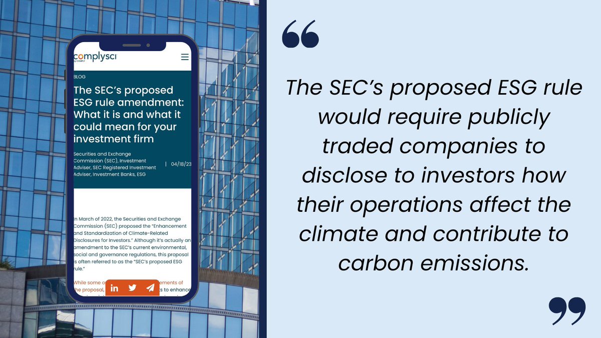 In March of 2022, the #SEC proposed the “Enhancement and Standardization of Climate-Related Disclosures for Investors.” This proposal is often referred to as the “SEC’s proposed #ESG rule.”

Learn how the amendment could affect your firm if it’s adopted. complysci.com/resources/blog…
