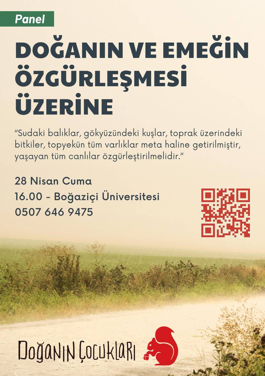 DogannCocuklari's tweet photo. #1Mayıs'a giderken #İTÜ, #MSGSÜ ve #Boğaziçi'nden arkadaşlarımızla "Doğanın ve Emeğin Özgürleşmesi Üzerine" paneller yapıyoruz! 🐿️

📍26 Nisan Çarşamba - Komşu Kapısı Derneği/ 18.00 
📍28 Nisan Cuma - Boğaziçi Üniversitesi Güney Kampüs/ 16.00

Katılım için ise++ https://t.co/RBRmIbxZsq