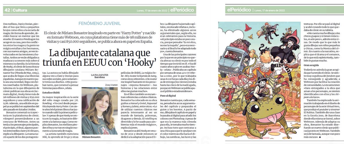 comic_infantil's tweet photo. Me acaban de recordar esta doble página que apareció en El Periódico sobre @MiriamBonastre por la publicación del primer libro de Hooky en España (enero de 2022, texto de @LauraZapaterM): https://t.co/pNELCHqfDT https://t.co/eyzLONU60o