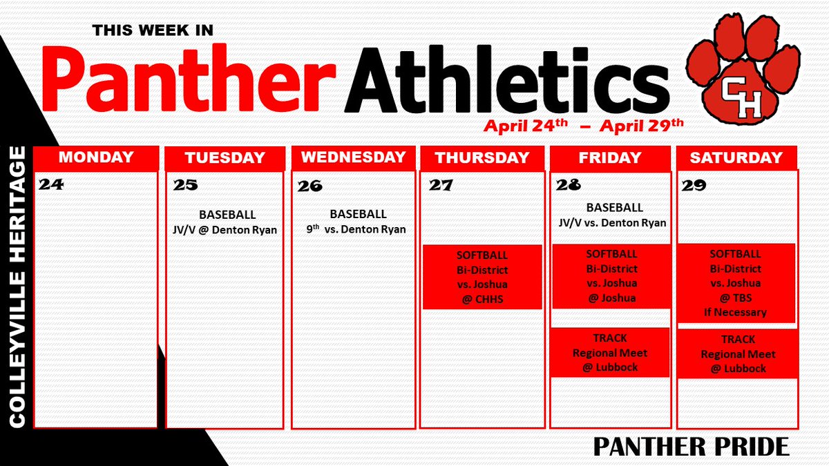 Jerry Edwards (@_jerry_edwards) on Twitter photo Big week for our <a href="/CHHS_baseballs/">CHHS Baseball</a> on the diamond!
<a href="/chhs_softball/">CHHS Softball</a> kicks off the playoff run! Tracksters headed to compete in Lubbock! Go Panthers!!!!
<a href="/GCISD_Athletics/">GCISD Athletics Dept.</a> Big week for our <a href="/CHHS_baseballs/">CHHS Baseball</a> on the diamond!
<a href="/chhs_softball/">CHHS Softball</a> kicks off the playoff run! Tracksters headed to compete in Lubbock! Go Panthers!!!!
<a href="/GCISD_Athletics/">GCISD Athletics Dept.</a>