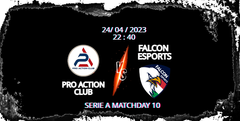 #MatchDay 
Pro Action Club - <a href="/FalconesportsIT/">Falcon eSports Pro Club PC (Italy)</a>  
(22:40)   
Pro League Serie A  
FORZA PRO ACTION!    
dove trovarci in live 📷
twitch.tv/method_tical