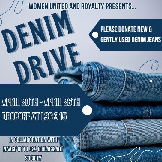 ‼️New drop off location‼️

Start off the week with an act of service, any extra gently used or new denim jeans drop off at LSC 315

We’re proud to be partnering with @WomenUnited_ @RoyaltySHSU @SHSUNAACP_6816 @BlackArt_SHSU