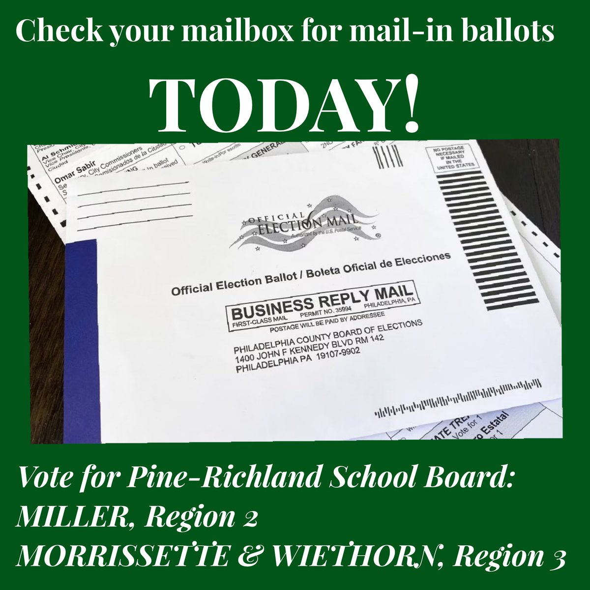 PRKIDSFIRST's tweet image. Mail in ballots are scheduled to arrive in your mailbox TODAY. 
Vote PR Kids First for School Board:

🗳️ Leslie MILLER, Region 2
🗳️Phil MORRISSETTE and Mike WIETHORN, Region 3