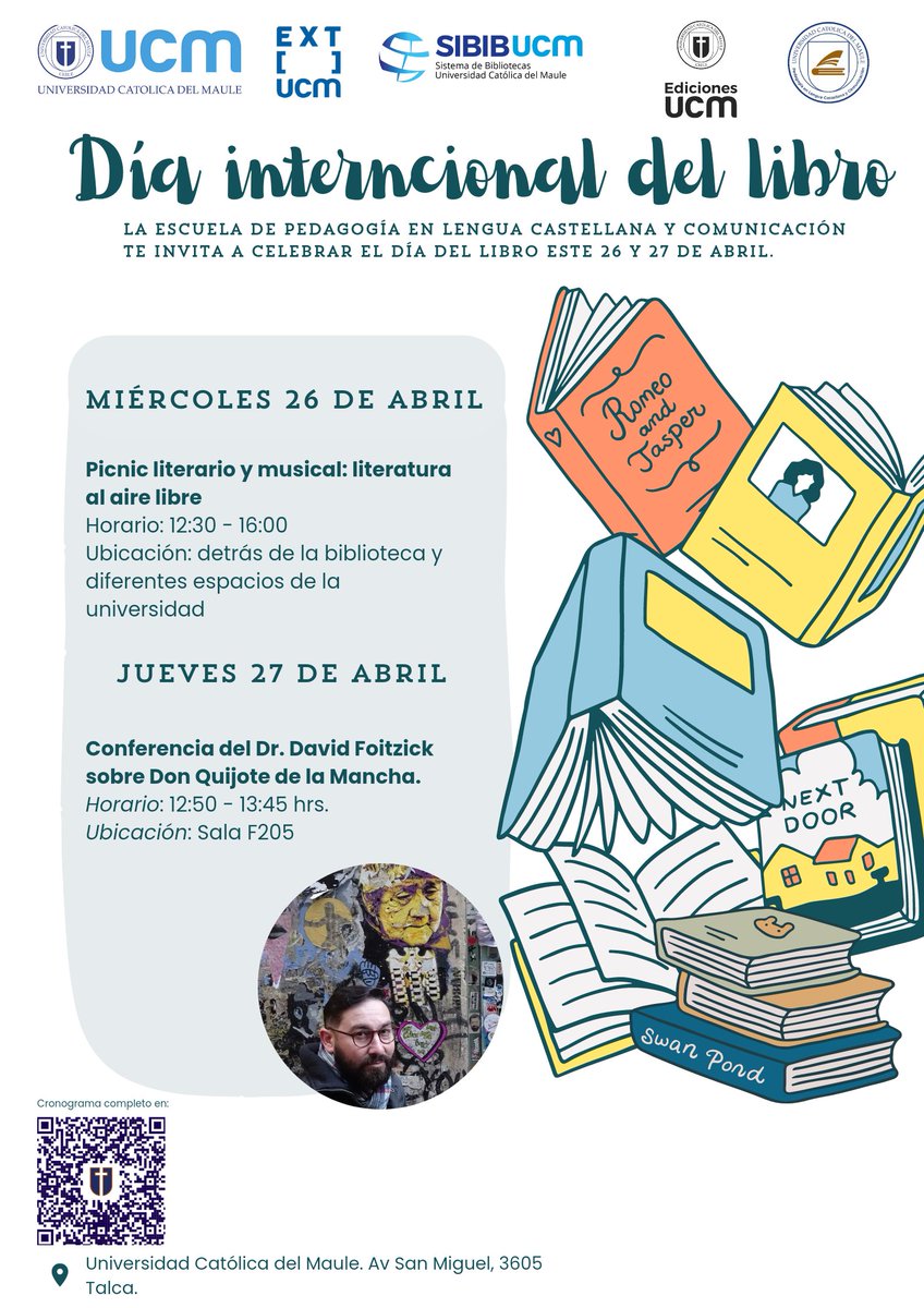 FACED_UCM's tweet photo. Te invitamos a celebrar el Día Internacional del Libro.
con actividades organizadas por la Escuela de Pedagogía en Lengua Castellana y Comunicación de @ucatolicamaule, @EXT_UCM, @sibib_ucm y @ediciones_ucm 
¿Cuándo? los días 26 y 27 de abril.
Más información en el post📷 👇 https://t.co/K7aYUWboft